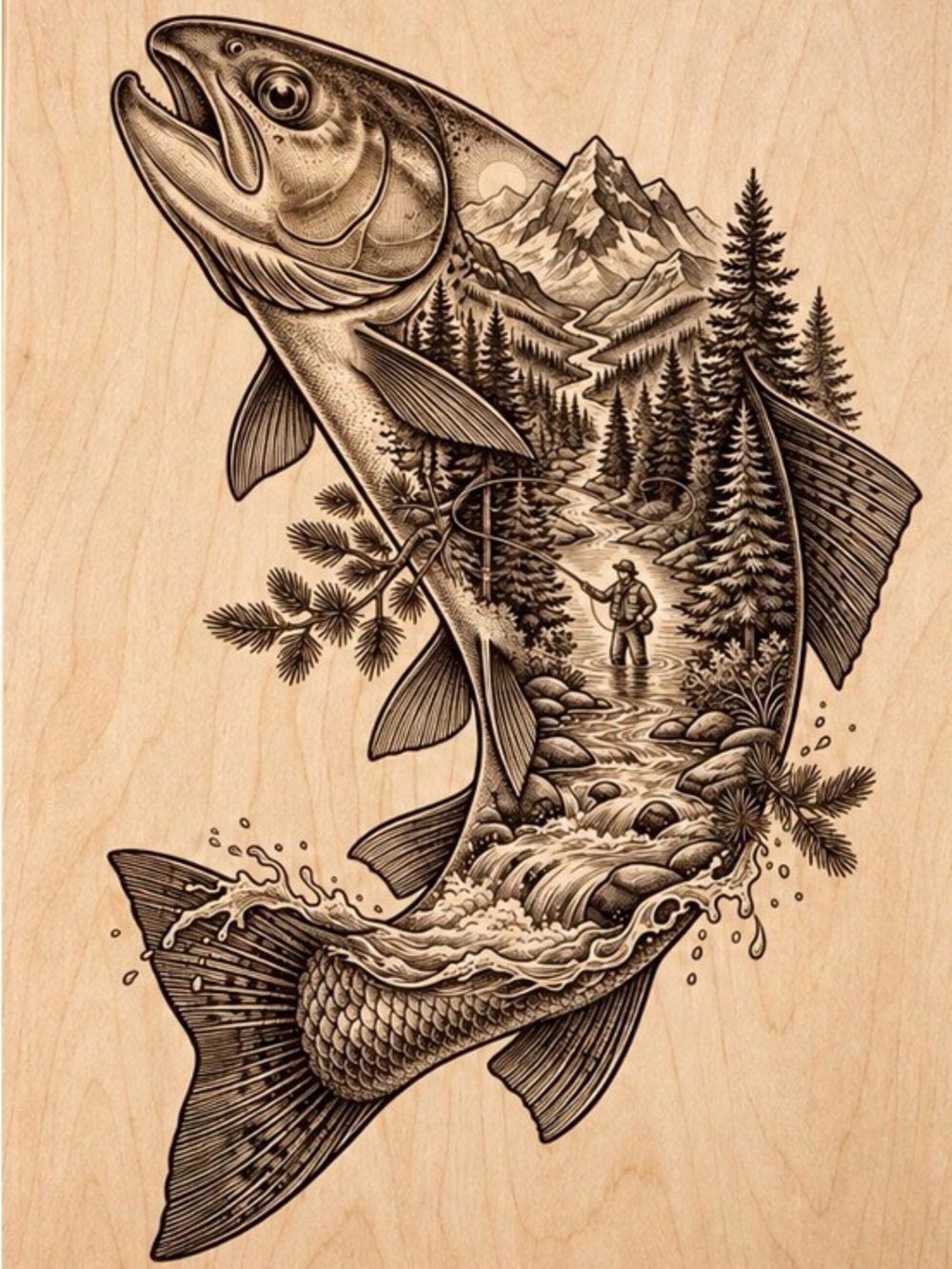 Decorative Trout Wall Art Print - Brown Fish Illustration
